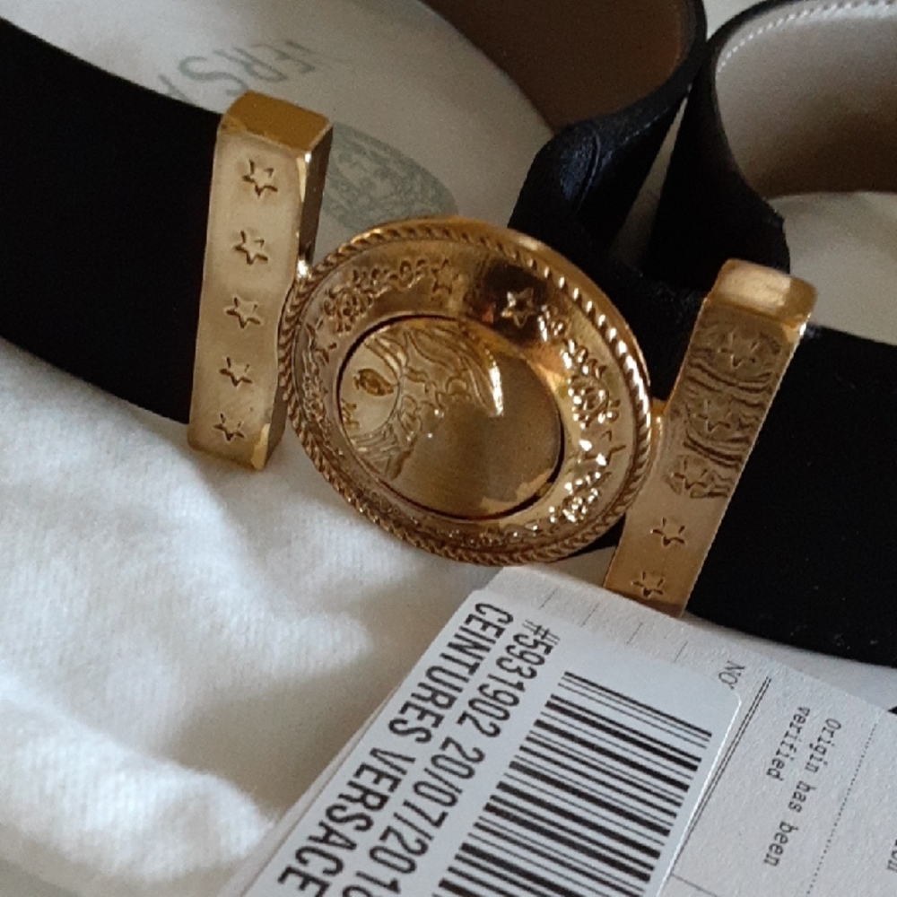 Vintage Versace Black Satin Belt, Gold Hardware 95 cm (36-38")
